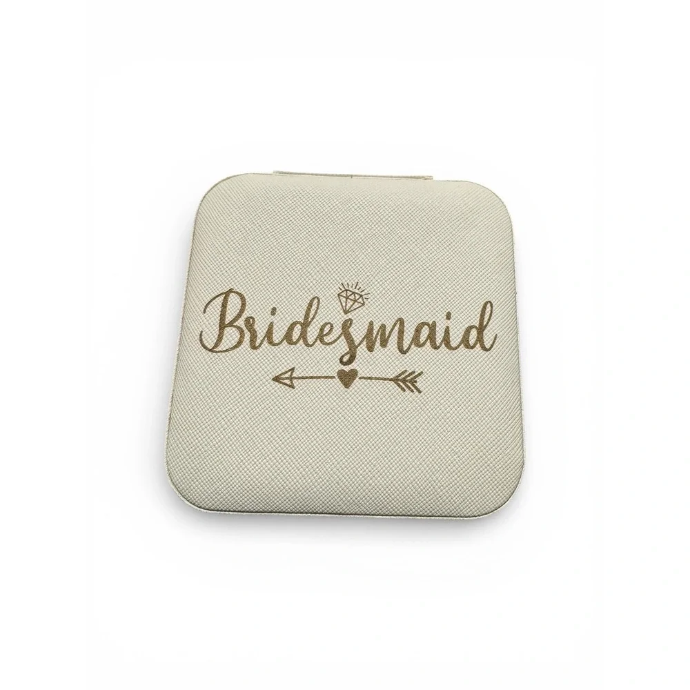 Bridesmaid Travel Jewelry Box Cream Faux Leather Square Zip Case Wedding Gift
